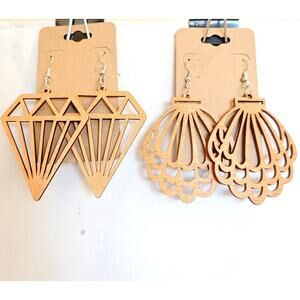 Wood Laser Cut Dangle Earrings Lot 2 Pairs Geometric Diamond & Shell Boho